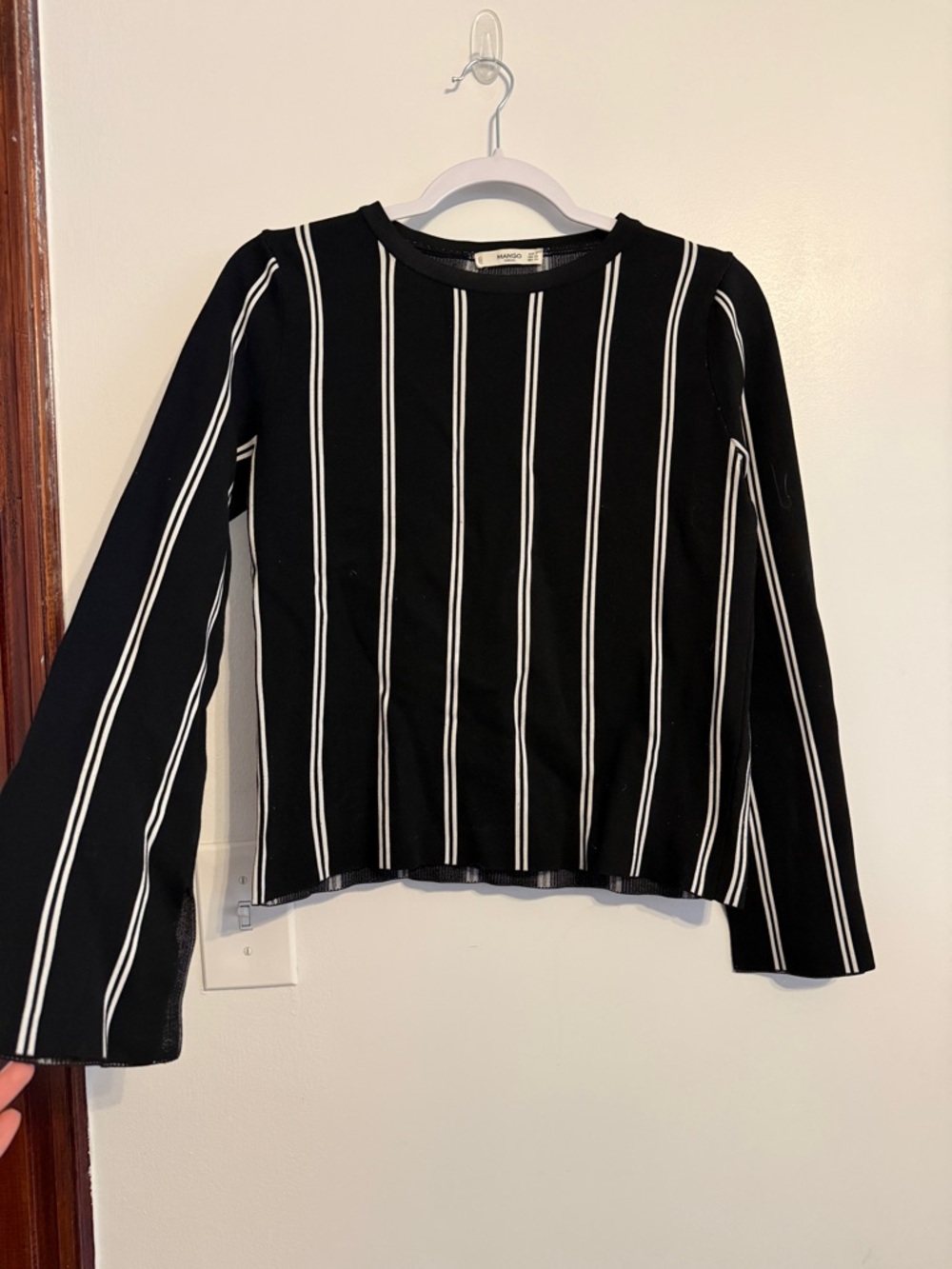 Mango Black Top with White Vertical Stripes - Long Sleeve